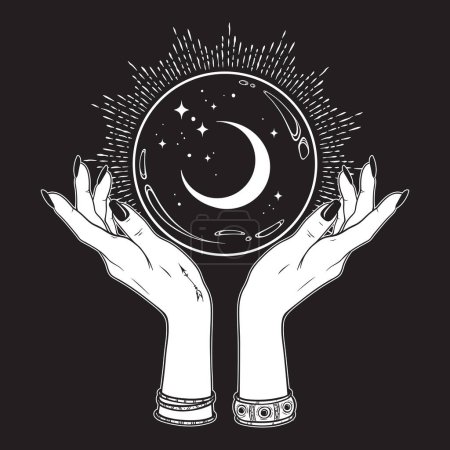 Magic crystal ball with crescent moon and stars in hands of fortune teller line art and dot work. Boho chic tattoo, poster or altar veil print design vector illustration.