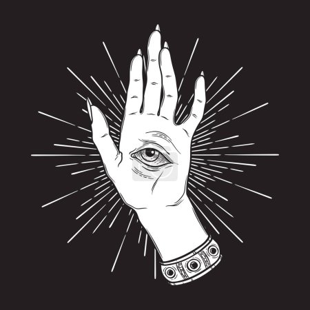 Spiritual hand with the allseeing eye on the palm. Occult design vector illustration