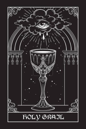 Illustration for Holy grail goblet and eye of God in front of the gothic arch vector illustration. Hand drawn gothic style placard, poster or print design. - Royalty Free Image