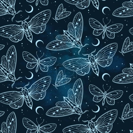Moths and butterflies over sky with crescent moon and stars seamless pattern hand drawn line art gothic design set isolated vector illustration.