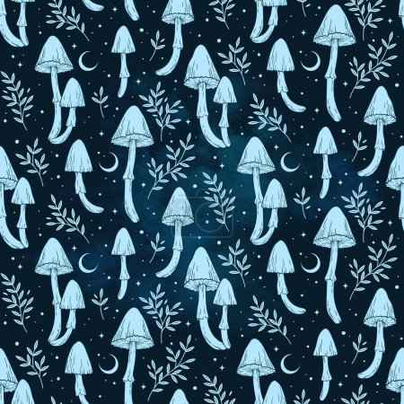 Illustration for Hand drawn seamless pattern with poisonous mushrooms and branches in graphic style isolated vector illustration. - Royalty Free Image