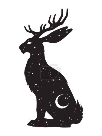 Illustration for Silhouette of Jackalope hare with horns folklore magic animal with night sky with crescent moon gothic tattoo design isolated vector illustration. - Royalty Free Image
