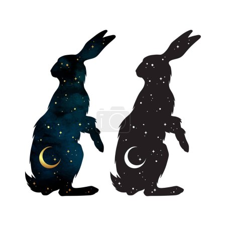 Illustration for Silhouette of the hare magic animal with night sky with crescent moon gothic tattoo design isolated vector illustration. - Royalty Free Image