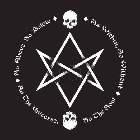 Illustration for Unicursal hexagram six-pointed star and skulls hand drawn isolated vector illustration. Inscription is a maxim in hermeticism and sacred geometry. As above, so below. - Royalty Free Image