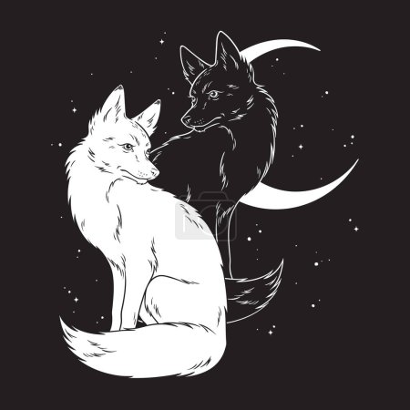 Two foxes over night sky with crescent moon hand drawn line art gothic tattoo design isolated vector illustration.