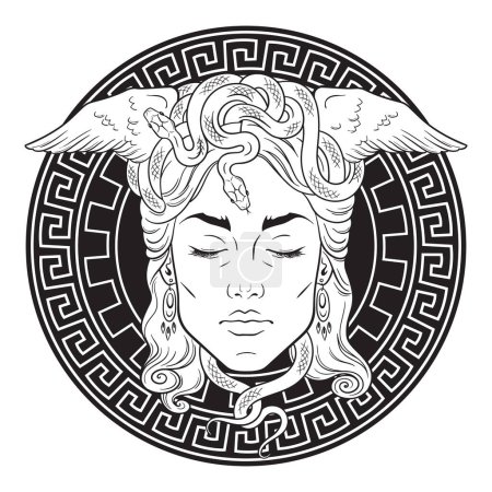 Illustration for Medusa Gorgon head on a meander shield hand drawn line art tattoo or print design isolated vector illustration. Gorgoneion is a protective amulet - Royalty Free Image