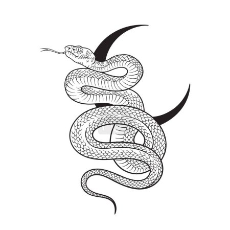 Illustration for Serpent over the crescent moon line art and dot work. Boho chic tattoo, poster, tapestry or altar veil print design vector illustration. - Royalty Free Image
