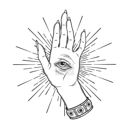 Ilustración de Mano espiritual con el ojo palpitante en la palma. Ilustración vectorial diseño oculto - Imagen libre de derechos