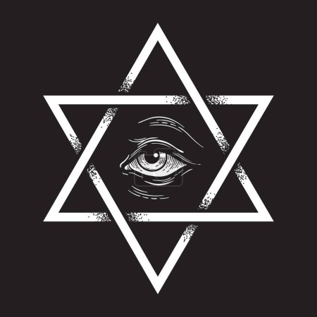 Illustration for Hexagram and all seeing eye hand drawn dot work ancient pagan symbol of six-pointed star isolated vector illustration. Black work, flash tattoo or print design. - Royalty Free Image