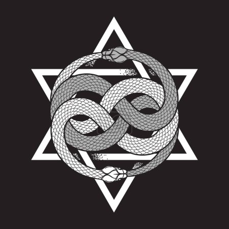 Ilustración de Doble ouroboros o serpientes uroboros que consumen delante de la estrella hexagrama de seis puntas. Ilustración vectorial de tatuaje, póster o diseño impreso. - Imagen libre de derechos