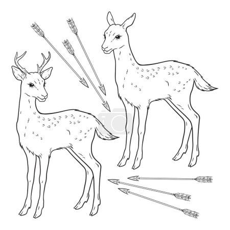 Illustration for Deers or fawns magic animals set hand drawn line art gothic tattoo design isolated vector illustration. - Royalty Free Image