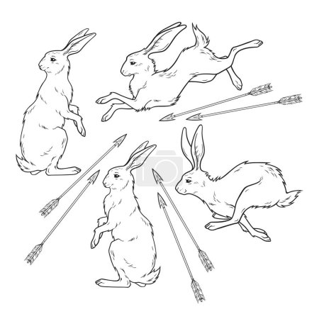 Ilustración de Conejos o liebres animales mágicos conjunto dibujado a mano línea arte gótico tatuaje diseño aislado vector ilustración. - Imagen libre de derechos