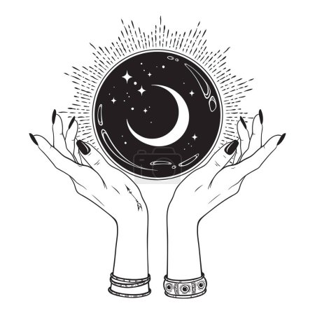Magic crystal ball with crescent moon and stars in hands of fortune teller line art and dot work. Boho chic tattoo, poster or altar veil print design vector illustration.
