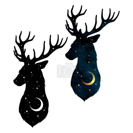 Illustration for Silhouette of Deer magic animal with night sky with crescent moon gothic tattoo design isolated vector illustration. - Royalty Free Image
