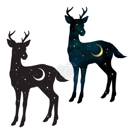 Illustration for Silhouette of Deer magic animal with night sky with crescent moon gothic tattoo design isolated vector illustration. - Royalty Free Image