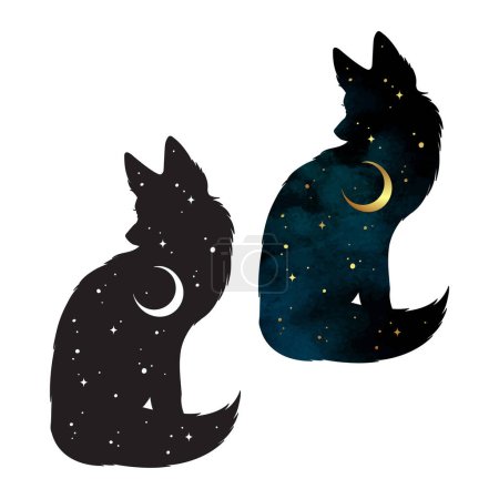 Silhouette of kitsune fox magic animal with night sky with crescent moon gothic tattoo design isolated vector illustration.