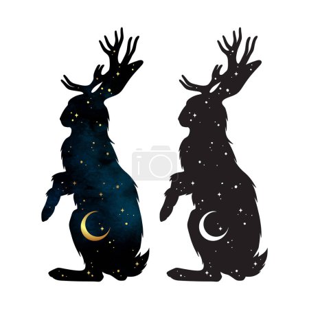 Silhouette of Jackalope hare with horns folklore magic animal with night sky with crescent moon gothic tattoo design isolated vector illustration.