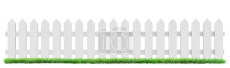 Téléchargez les photos : Clôture en bois blanc et herbe verte isolée, illustration 3D - en image libre de droit