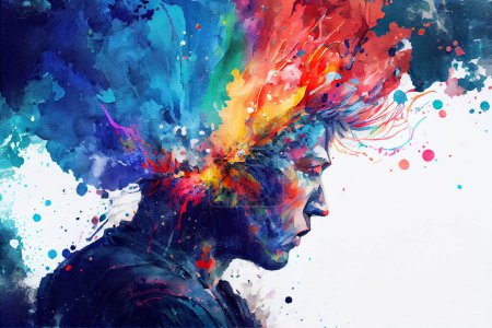 Foto per An explosion of colors and sad artist concept of creative crisis watercolor illustration - Immagine Royalty Free