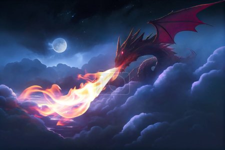 Téléchargez les photos : Dragon breathing fire over clouds at night, digital painting - en image libre de droit