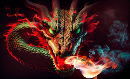 Téléchargez les photos : Head of a dragon with fire and flames of smoke, Generative AI - en image libre de droit