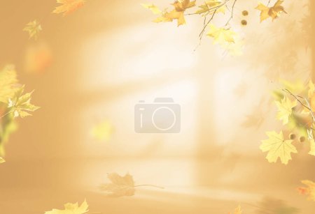 Photo for Fall scene in cream color shades. Autumn background with shadow of maple tree leaves on a wall. - Royalty Free Image