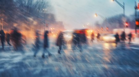 Photo for Snow road during a snowstorm on a winter in city, concept of Traffic jam and gridlock, silhouettes of pedestrians walking through a snowy street in night - Royalty Free Image