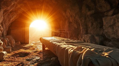 Biblische Szene der Auferstehung Jesu Christi, Grab leer mit Sonnenstrahlen, Ostern 
