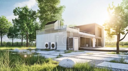 modern house building with heat pump, concept of Sustainable Energy Efficient Home