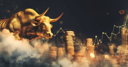 Bitcoin-Bullenmarktkonzept mit goldenem Bullen in Wolken und Bitcoin-Coins Illustration