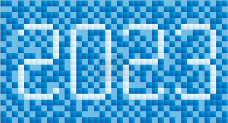 Téléchargez les photos : Lettrage 2023 à partir de pixels carrés. Sur fond de pixel bleu, l'inscription 2023 est blanche. Nouvel An. Graphiques vectoriels. - en image libre de droit