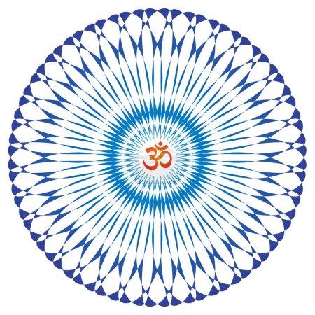Téléchargez les photos : Mandala élégant ajouré de couleur bleue avec le signe Aum, Om, Ohm au centre Sur un fond jaune. Graphiques vectoriels. - en image libre de droit