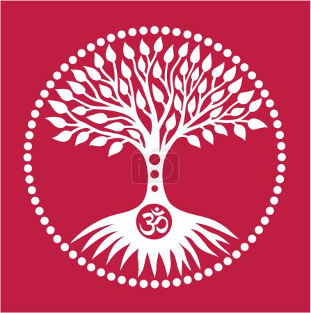 Téléchargez les photos : Tree of life in the center of the mandala. Color of 2023 viva magenta Spiritual and ecological sign. Symbol of different cultures and religions. Symbol of development, growth, sustainability. Vector graphics. - en image libre de droit