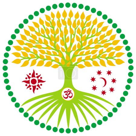 Téléchargez les photos : Tree of life with the sign Aum, Om, Ohm sign. Sun and moon. Symbolic spiritual drawing for different cultures and religions. Symbol of ecology  growth and development. Vector Graphics - en image libre de droit