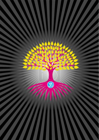 Téléchargez les photos : The tree of life with the sign om, aum, ohm in the center. Symbol of ecology, life, growth and development. Against the background of diverging rays. Vector graphics. - en image libre de droit
