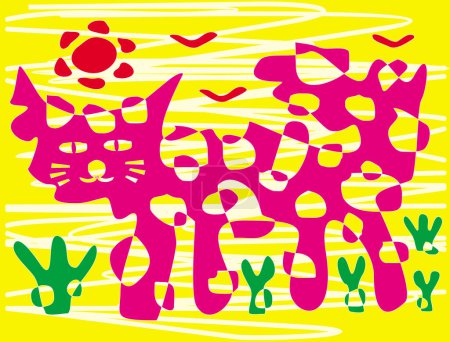 Téléchargez les photos : Fantasy dessin animé chat drôle dans des tons violets sur un fond jaune. Dans un linceul avec des cactus verts. Soleil rouge et oiseaux. Art naïf. De l'humour. Graphiques vectoriels - en image libre de droit