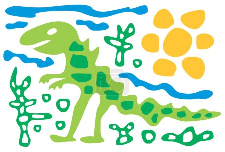 Téléchargez les photos : Dinosaure dessin animé stylisé sur le fond du soleil et des cactus. Art naïf. Graphiques vectoriels. - en image libre de droit
