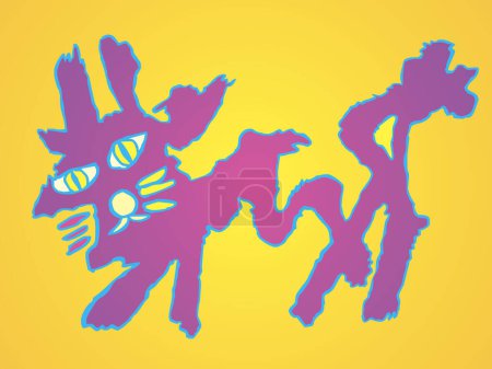 Téléchargez les photos : Fantastique dessin animé stylisé chat en couleur pourpre avec un contour bleu sur un fond jaune. Art naïf. Graphiques vectoriels - en image libre de droit