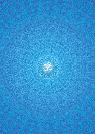 Téléchargez les photos : Mandala ajouré en bleu avec le signe aum, om, ohm. Fond à motifs ajourés. Ornement circulaire. Graphiques vectoriels. - en image libre de droit
