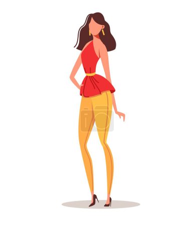 Ilustración de Figura de moda en rojo y amarillo, ilustración vectorial. Persona estilizada que usa atuendo colorido y accesorios. - Imagen libre de derechos