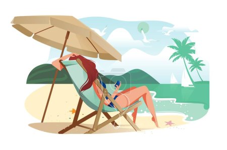 Illustration for Serene Beach Scene, vector illustration. A tranquil depiction of leisure and relaxation at a tropical beach. - Royalty Free Image