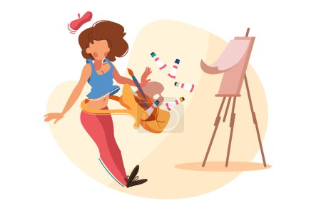 Illustration for Girl artist confused and unorganized painting process, vector illustration. - Royalty Free Image