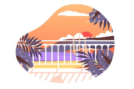 Tropical Sunset Serenity, vector illustration. Showcases a tranquil sunset with palm silhouettes.