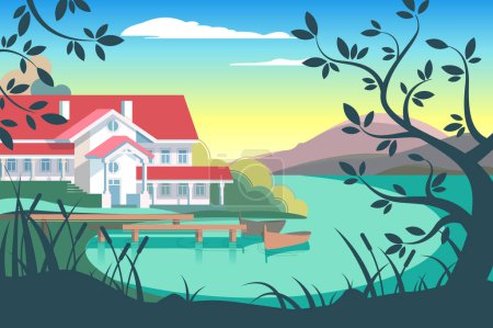 Ilustración de Lakeside Country House Retreat, ilustración vectorial. Representa una casa tranquila junto al agua. - Imagen libre de derechos