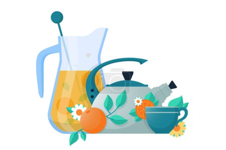 Ilustración de Tea and Juice Still Life, ilustración vectorial. Té infundido de cítricos, zumo fresco. - Imagen libre de derechos