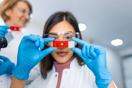 Photo for Scientist examining bacteria in microscope slides at a laboratory. Lab Scientist Examining and using microscope . Lab Experiment.Researcher examining cultures. - Royalty Free Image