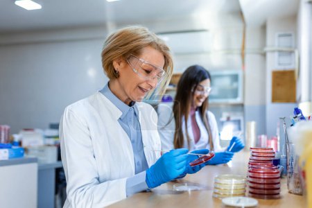Photo for Scientist examining solution in petri dish at a laboratory. Lab Scientist Examining and using Petri Dish. Lab Experiment.Researcher examining cultures in petri dishes - Royalty Free Image