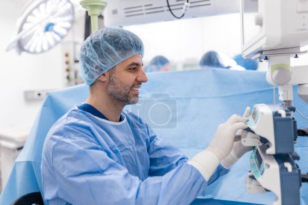 Photo for Anesthesiologist keeping track of vital functions of the body during cardiac surgery. Surgeon looking at medical monitor during surgery. Doctor checking monitor for patient health status. - Royalty Free Image