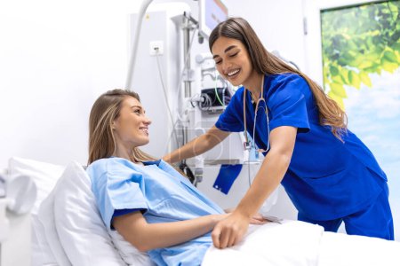 Young patient on bed talking to female doctor in hospital room, Health care and insurance concept. Doctor comforting patient in hospital bed or counsel diagnosis health.