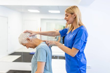 Photo for Licensed chiropractor or manual therapist doing neck stretch massage to relaxed female patient in clinic office. Young woman with whiplash or rheumatological problem getting professional doctor's help - Royalty Free Image